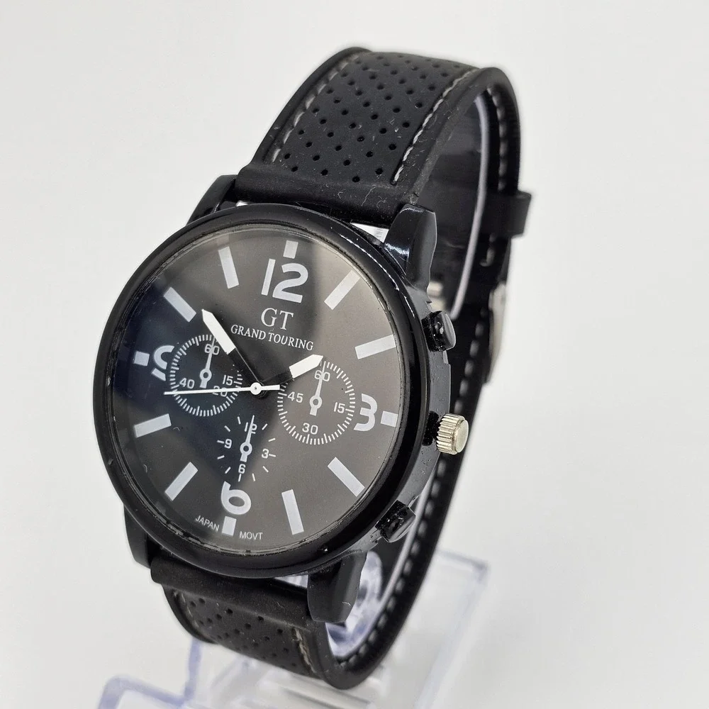 Men's Watch 44MM Black Dial Black‎ Plastic Bands New Battery